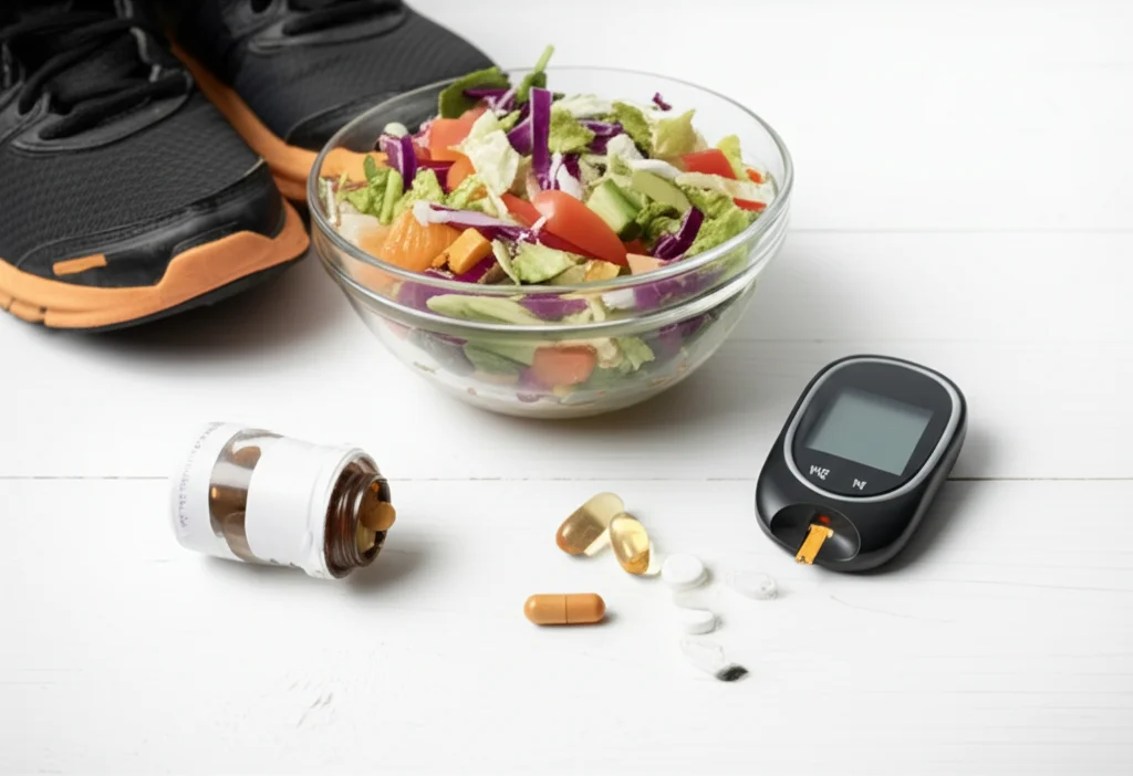 Still life medico-salutistico: su un tavolo di legno chiaro, una ciotola di insalata colorata (simbolo di dieta anti-infiammatoria), un paio di scarpe da ginnastica (simbolo di esercizio fisico), un misuratore di glicemia con un valore normale e alcune capsule di integratori (omega-3 o curcuma). Illuminazione naturale e morbida, obiettivo macro 60mm, alta definizione, messa a fuoco selettiva sulla ciotola di insalata.