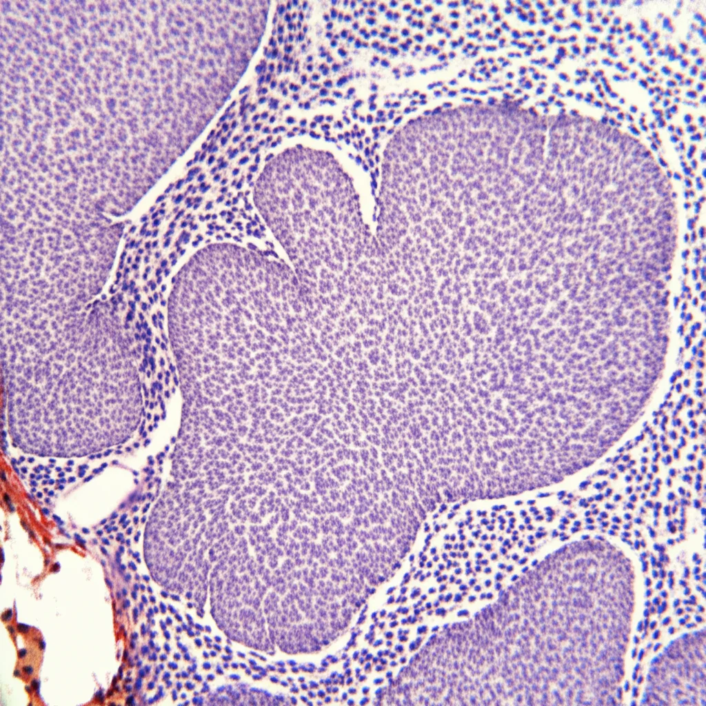 Micrografia ad alta risoluzione di una sezione di ganglio della radice dorsale (DRG) di una scimmia cynomolgus trattata con AAV9-coSMN1, colorazione immunoistochimica per la proteina SMN (marrone) e controcolorazione con ematossilina (blu). Lente macro 105mm, illuminazione da microscopio controllata, alta definizione per mostrare neuroni sani e assenza di cellule infiammatorie.