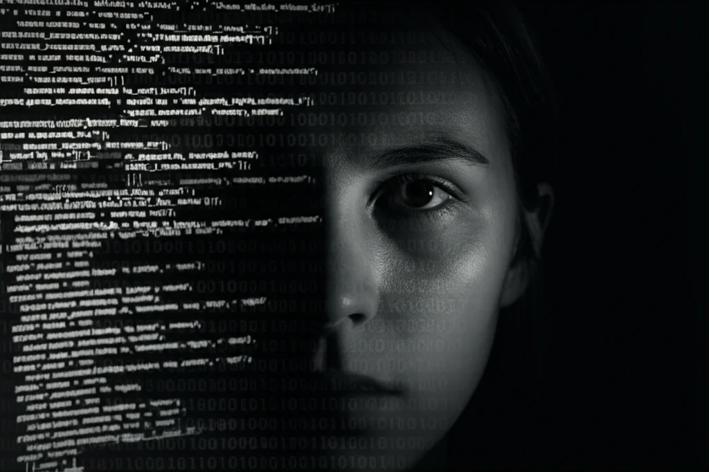 Ritratto fotografico in bianco e nero di una persona con il volto parzialmente nascosto nell'ombra, davanti a uno schermo di computer che riflette codice binario, stile film noir, profondità di campo ridotta, focus sull'interazione tra persona e tecnologia. Prime lens, 35mm, black and white film, depth of field, duotone blu e grigio.