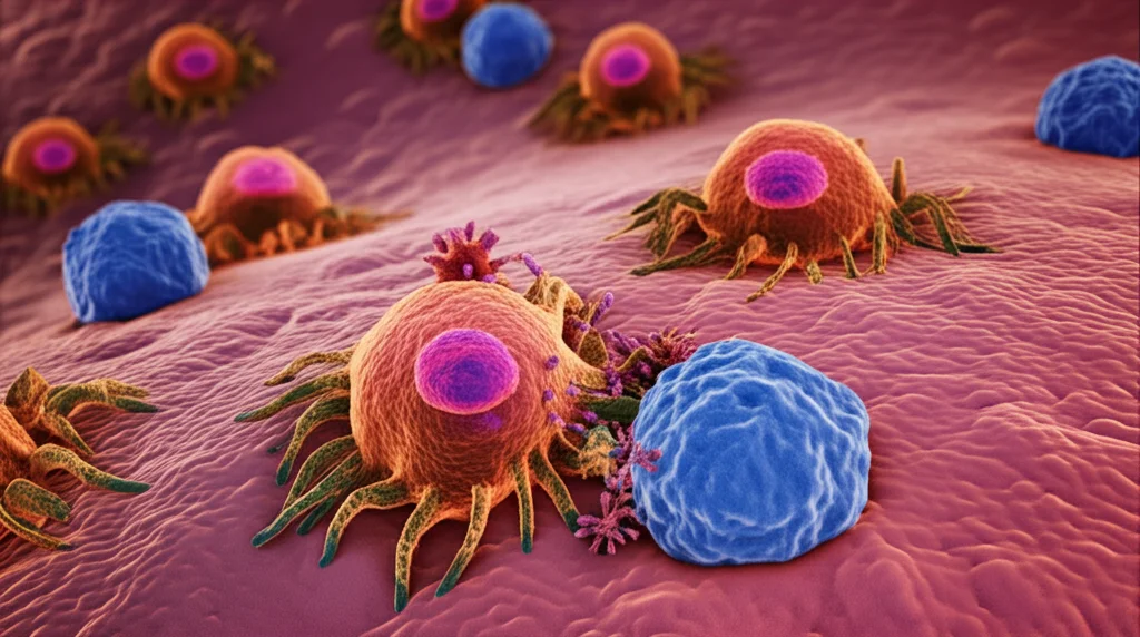 Visualizzazione artistica di cellule immunitarie (linfociti T e cellule NK) che interagiscono con cellule tumorali del colon-retto all'interno del microambiente tumorale. Macro lens, 85mm, illuminazione controllata e drammatica, alto dettaglio sulle membrane cellulari.