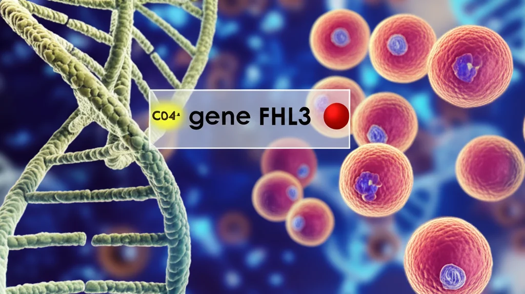 Immagine concettuale di una doppia elica di DNA con evidenziato il gene FHL3, sovrapposta a una rappresentazione stilizzata di linfociti T CD4+ e CD8+. Macro lens, 60mm, illuminazione focalizzata sul gene, sfondo sfocato, alto dettaglio.