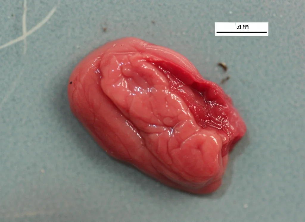 Fotografia di un cuore di ratto isolato, sezionato trasversalmente dopo esperimento I/R e colorazione TTC. Le aree vitali sono rosse, l'area infartuata (ridotta dal trattamento con P188) è bianca. Macro lens 100mm, high detail, controlled lighting.