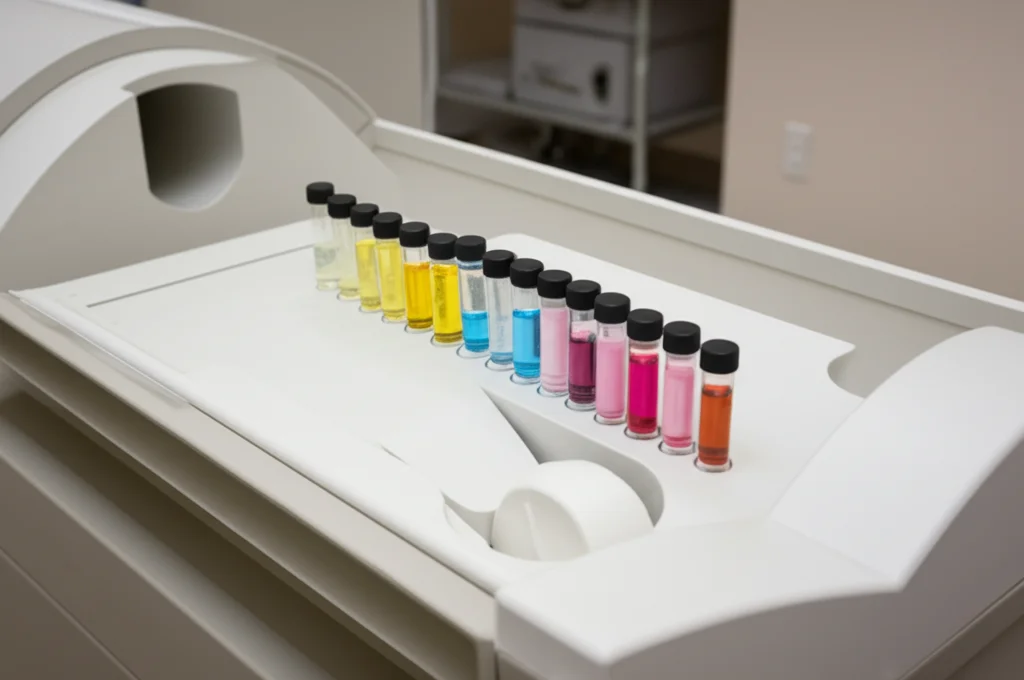 Fotografia macro di un phantom per risonanza magnetica a diffusione (modello NIST/NCI/RSNA) posizionato all'interno di uno scanner MRI, illuminazione controllata, alta definizione, lente macro 85mm, focus preciso sui vial interni contenenti PVP.