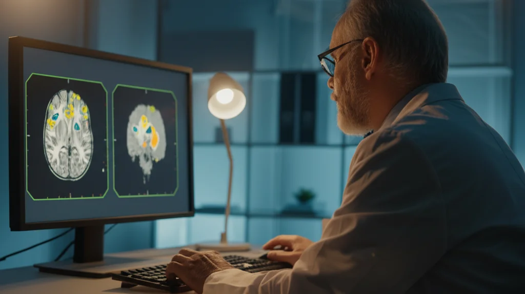 Fotografia di uno scienziato/ricercatore che analizza dati di risonanza magnetica a diffusione su un monitor ad alta risoluzione, con sovrapposte le ROI sul phantom visualizzato, luce da ufficio soffusa, profondità di campo, lente 50mm.