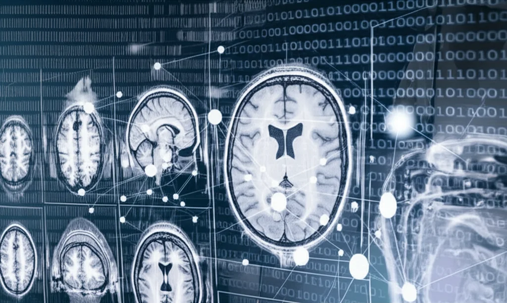 Immagine simbolica di una rete globale di centri di ricerca collegati, sovrapposta a un'immagine astratta di dati MRI, colori blu e grigio duotone, concetto di collaborazione scientifica multi-centrica.