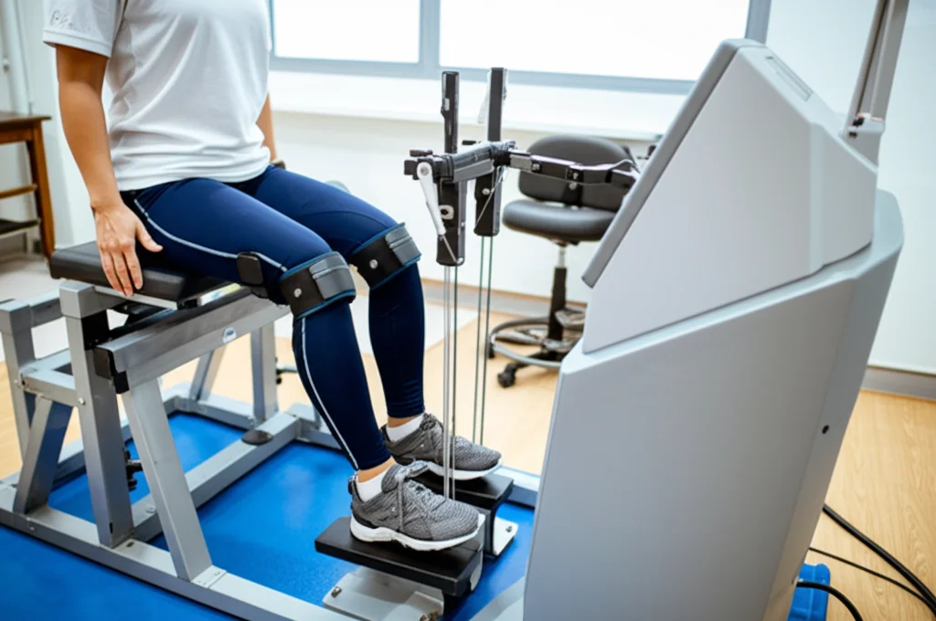Calciatrice professionista su un dinamometro isocinetico in un laboratorio di scienze motorie, sta eseguendo un test di forza del ginocchio. Obiettivo prime 35mm, profondità di campo, illuminazione da laboratorio controllata, focus sulla macchina e sull'atleta.