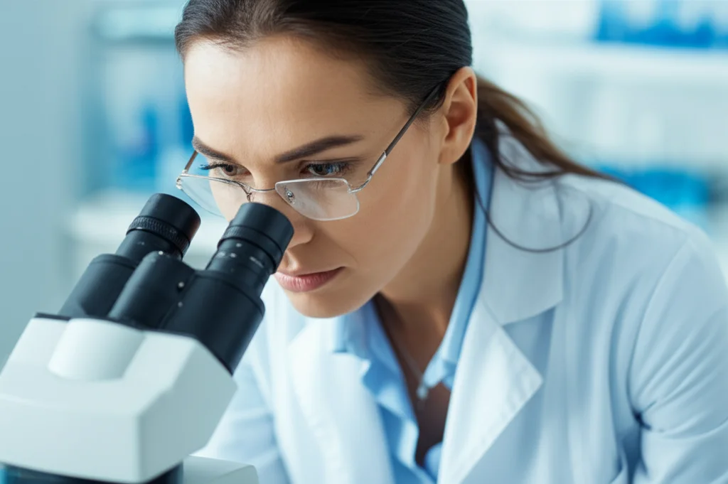 Ritratto fotografico di una ricercatrice in laboratorio che osserva attentamente un campione di tessuto muscolare al microscopio. Profondità di campo ridotta, focus sul volto concentrato e sul microscopio. Obiettivo prime 35mm, toni neutri.