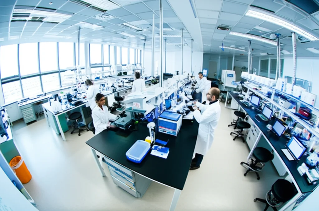 Fotografia grandangolare di un moderno laboratorio di ricerca con scienziati che collaborano attorno a banchi da lavoro con attrezzature scientifiche. Ampia visuale, luce naturale dalle finestre, focus nitido su tutta la scena. Obiettivo grandangolare 20mm.