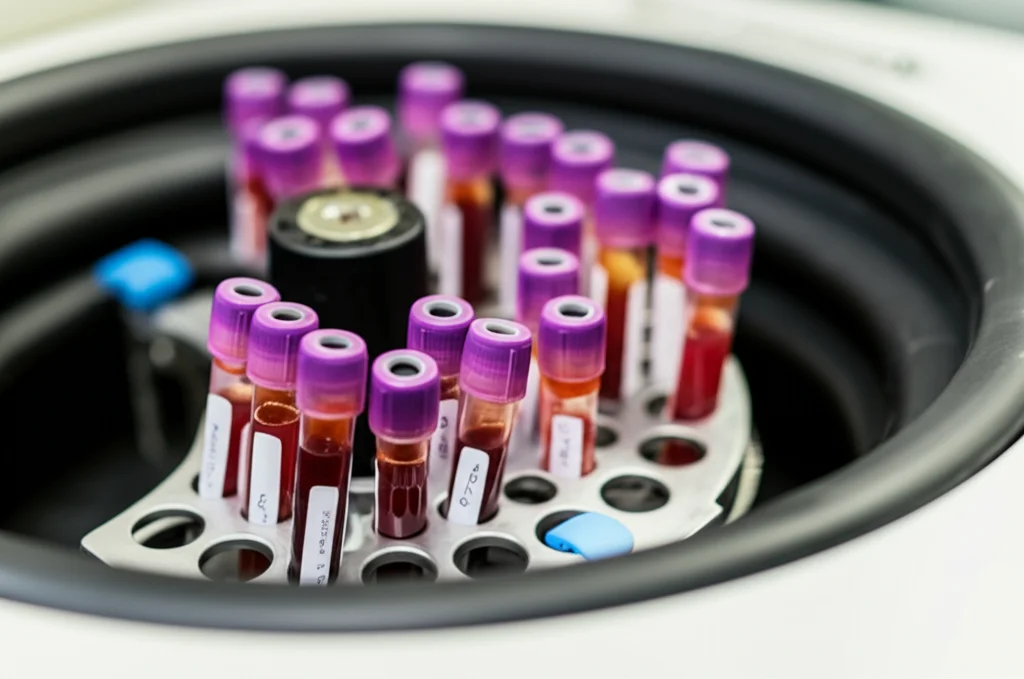 Primo piano di provette di sangue in una centrifuga da laboratorio, con focus sull'analisi dei biomarcatori. Obiettivo macro 100mm, alta definizione, illuminazione controllata da laboratorio, colori freddi.
