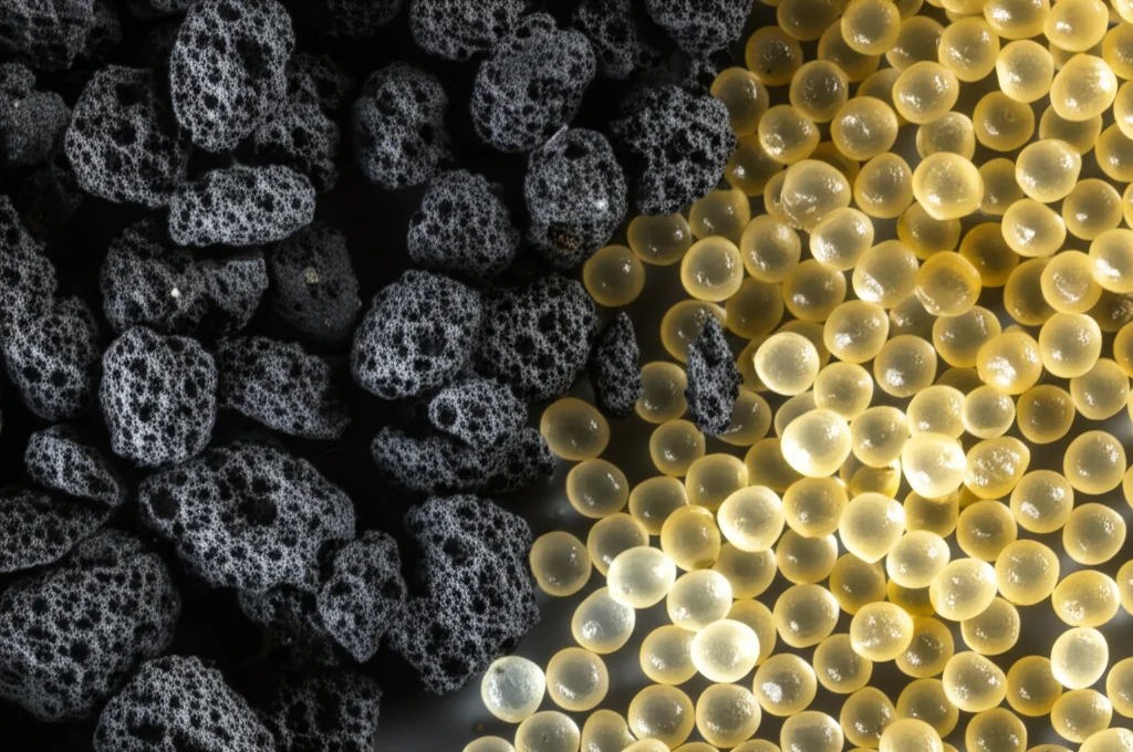 Immagine macro fotorealistica di granuli di biochar scuro e poroso accanto a piccole sfere di resina polimerica traslucida, illuminate da una luce controllata e precisa, obiettivo macro 100mm, alta definizione dei dettagli superficiali.