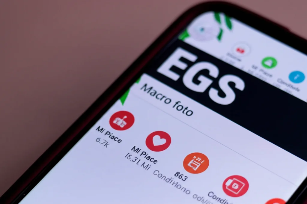 Macro foto, 85mm lens, di uno schermo di smartphone che mostra un articolo di blog sull'energia rinnovabile EGS. In primo piano, icone di 'Mi Piace' e 'Condividi' con numeri elevati (es. 6.7k Mi Piace, 863 Condivisioni). Alta definizione, focus preciso sulle metriche di engagement, sfondo leggermente sfocato per enfatizzare lo schermo.