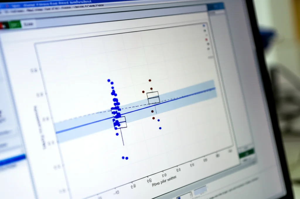 Immagine realistica di un grafico Bland-Altman visualizzato su uno schermo di computer in un laboratorio di ricerca veterinaria, che mostra l'eccellente accordo tra le concentrazioni plasmatiche calcolate da VAMS e quelle misurate. Profondità di campo ridotta, focus sul grafico, obiettivo prime 35mm.