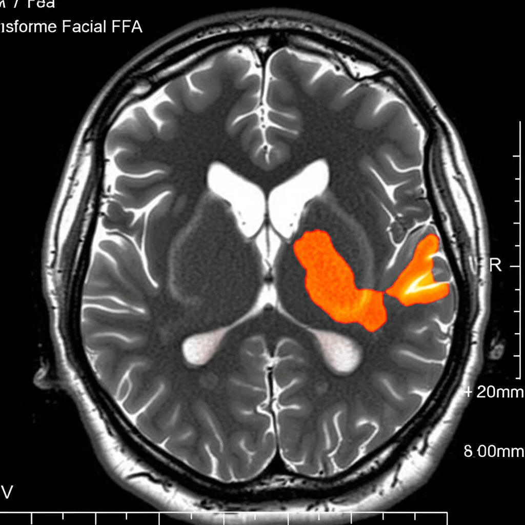 Immagine fotorealistica di una scansione MRI ad altissima risoluzione (7 Tesla) di un cervello umano in sezione coronale. L'area fusiforme facciale (FFA) nel giro fusiforme destro è evidenziata con un colore caldo (es. rosso/arancione) per indicare l'attivazione funzionale. Si intravedono i diversi strati corticali. Dettagli tecnici: Macro lens, 90mm, high detail, sharp focus, controlled lighting.