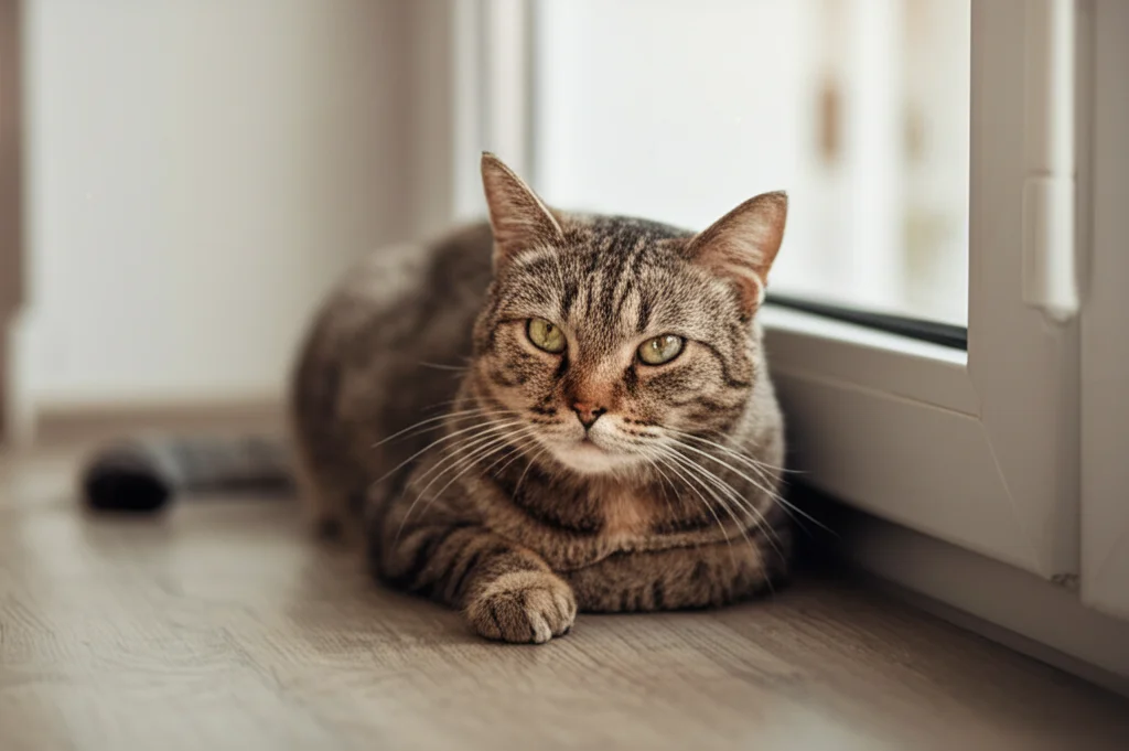 Ritratto di un gatto anziano sereno e in salute, seduto vicino a una finestra con luce naturale morbida. Obiettivo prime 50mm, profondità di campo, atmosfera calma e positiva, a simboleggiare il miglioramento della prognosi grazie alla diagnosi precoce della CKD.