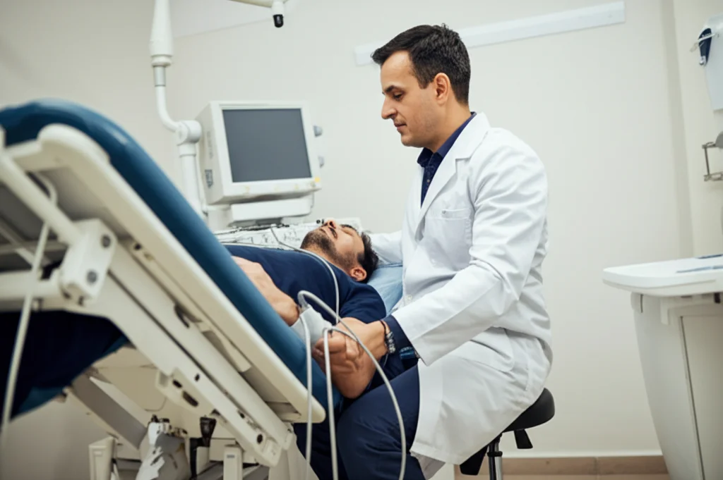 Fotografia di un tecnico medico che esegue un esame Doppler Transcranico su un paziente sdraiato su un lettino inclinabile (tilt table), prime lens 35mm, profondità di campo ridotta per focalizzare sull'interazione tra tecnico e paziente, luce clinica morbida e professionale.