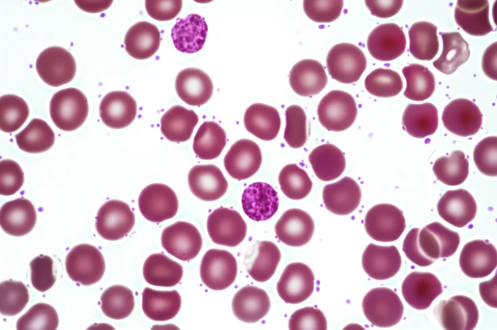 Immagine macro di un campione di sangue in una provetta, messa a fuoco precisa sui globuli rossi e bianchi, illuminazione controllata da laboratorio, lente macro 90mm, che simboleggia l'analisi genetica per la mutazione JAK2-V617F e la ricerca di marcatori di trombosi.