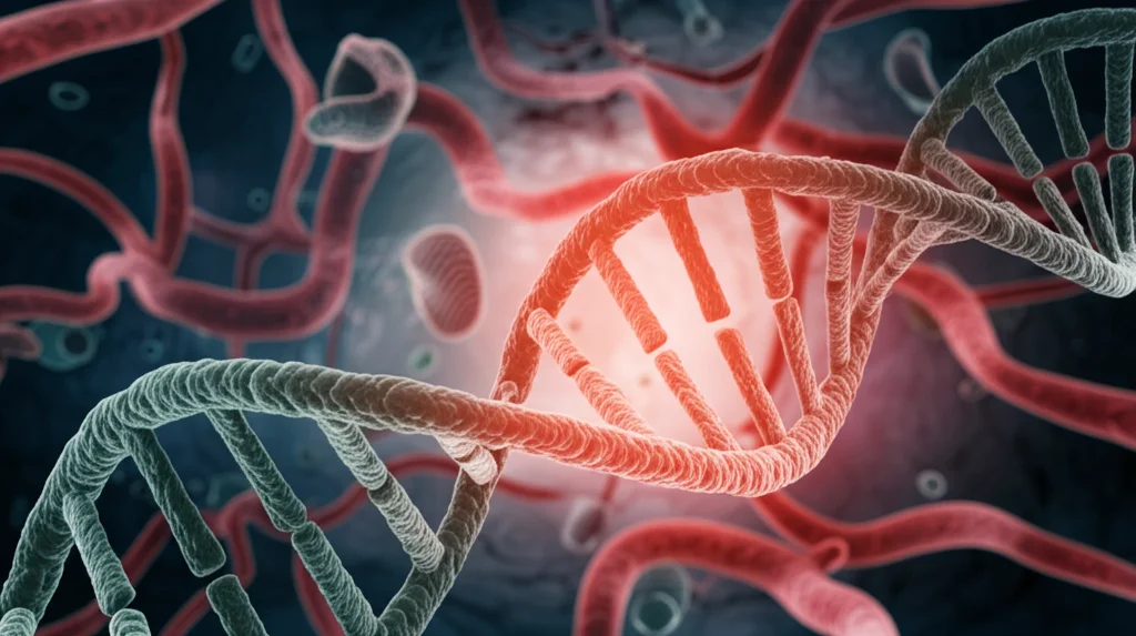 Visualizzazione artistica di una doppia elica del DNA con una sezione evidenziata in rosso acceso, simboleggiante la mutazione DNMT3A, sfondo scuro con elementi grafici sfocati che richiamano vasi sanguigni e infiammazione, stile quasi astratto ma con dettagli scientifici, illuminazione drammatica, high detail.