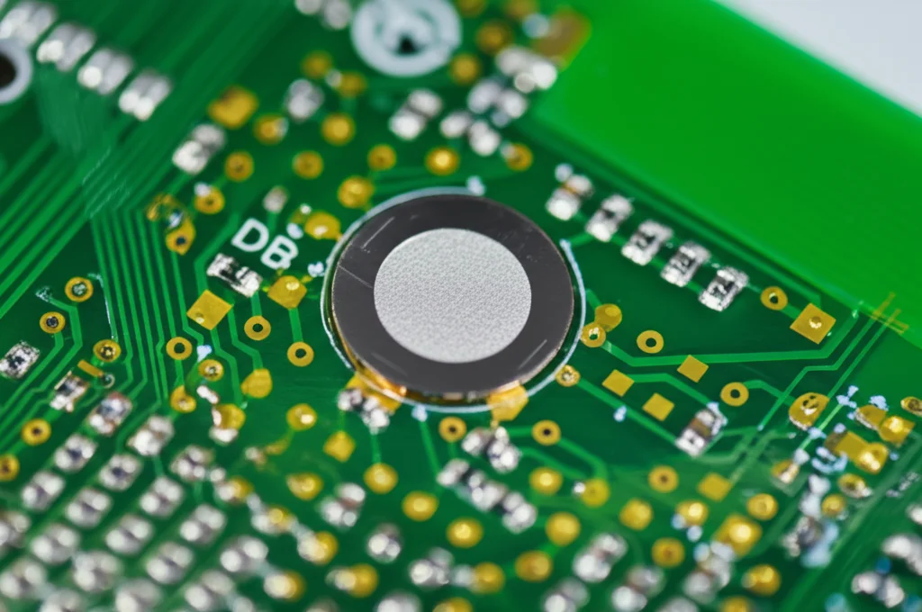 Macro fotografia di un chip fotonico integrato, 100mm Macro lens, high detail, precise focusing, controlled lighting, che mostra il laser DFB argentato, il microrisonatore circolare in nitruro di silicio e il fotodiodo connesso tramite wire bonding dorati su un circuito stampato verde.