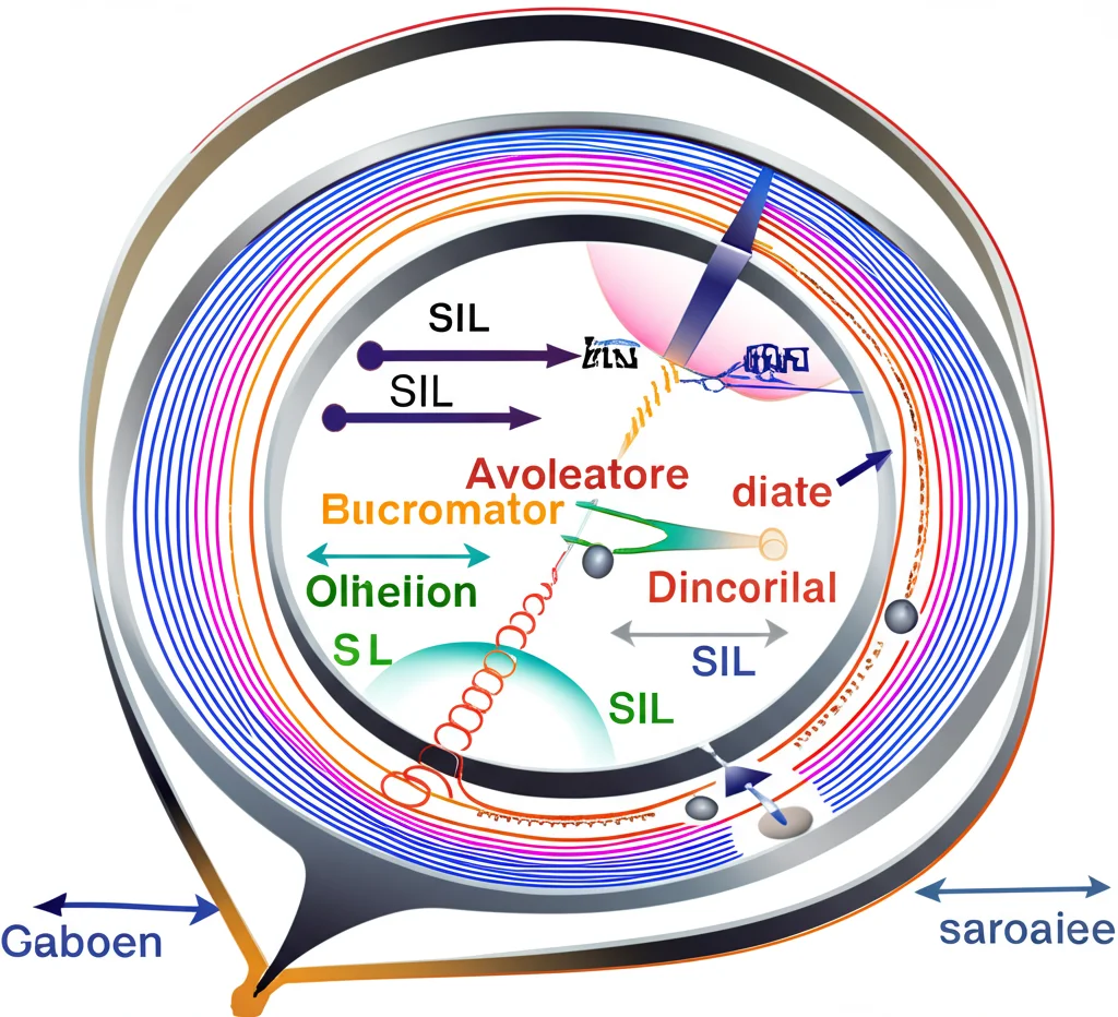 Visualizzazione astratta del concetto di Self-Injection Locking (SIL): un fascio laser che entra in un microrisonatore circolare e una piccola parte di luce riflessa che torna indietro stabilizzando il laser. Sfondo scuro con linee luminose colorate che rappresentano le frequenze ottiche. High detail, controlled lighting.