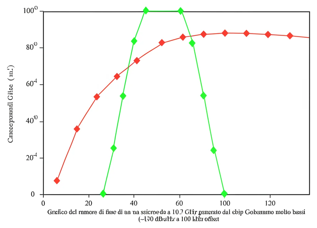 Grafico del rumore di fase di un segnale a microonde a 10.7 GHz generato dal chip fotonico, mostrante valori molto bassi (-130 dBc/Hz a 100 kHz offset). Stile grafico scientifico pulito, high detail, precise focusing.