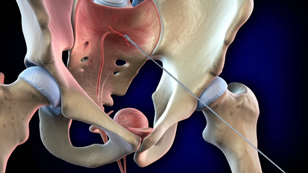 Immagine 3D renderizzata dell'anatomia pelvica femminile che mostra il percorso di un ago guidato da TC dall'interno della vagina verso il legamento sacrospinoso. Wide-angle, 24mm, sharp focus, illuminazione drammatica per evidenziare il percorso dell'ago.