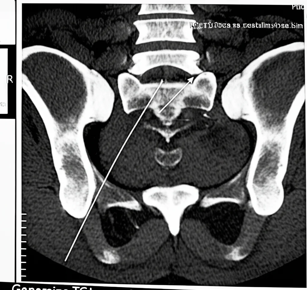Immagine TC trasversale del bacino di un cadavere in posizione supina, che mostra una sonda vaginale e la traccia virtuale di un ago (linea guida) puntato verso il legamento sacrospinoso destro. Immagine medica in bianco e nero con artefatti lineari dovuti a oggetti metallici.