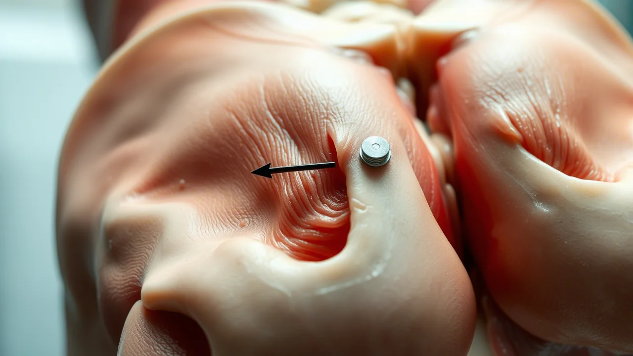 Fotografia still life che mostra la dissezione della regione glutea di un cadavere, evidenziando un piccolo ancoraggio metallico (freccia) impiantato nel legamento sacrospinoso. Si vedono i muscoli gluteo massimo (Gmax) e piriforme (P). Macro lens, 60mm, high detail, illuminazione da laboratorio.