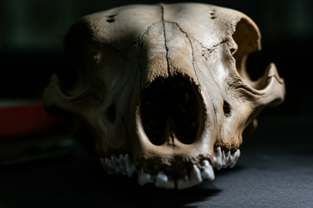 Fotografia macro di un antico teschio di mammifero illuminato con precisione su un tavolo da laboratorio scuro, obiettivo macro 100mm, alta definizione, illuminazione laterale controllata per evidenziare la texture ossea.