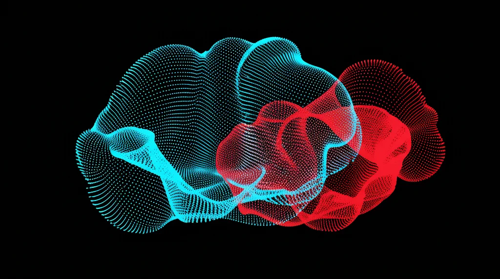 Visualizzazione 3D astratta di due nuvole di punti colorate (una blu, una rossa) che rappresentano dati morfometrici, con linee che ne indicano la correlazione o la discrepanza, sfondo nero high-tech.