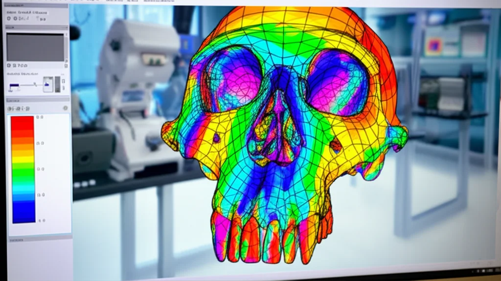 Primo piano di uno schermo di computer che mostra una complessa mesh 3D di un teschio di primate con sovrapposte mappe di calore colorate che indicano la variazione della forma, ambiente di laboratorio high-tech sullo sfondo.