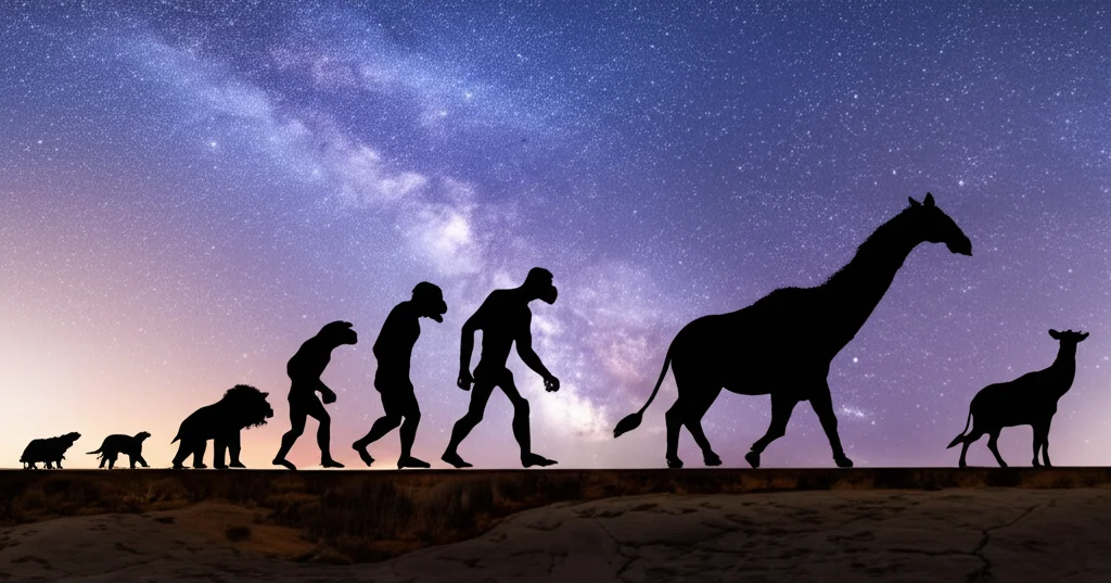 Paesaggio ampio e suggestivo che mostra una sequenza temporale stilizzata dell'evoluzione dei mammiferi, dai fossili antichi alle forme moderne, con un cielo stellato sullo sfondo, obiettivo grandangolare 15mm, lunga esposizione.