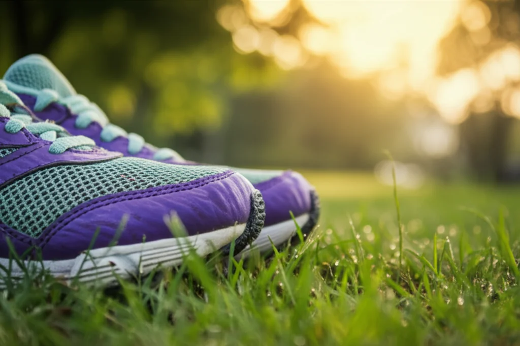 Fotografia macro di un paio di scarpe da ginnastica comode e colorate, appoggiate sull'erba fresca di un parco al mattino presto. Gocce di rugiada brillano sull'erba. Obiettivo macro 90mm, messa a fuoco nitida sulla texture delle scarpe e sui fili d'erba in primo piano, sfondo sfocato (bokeh) con la luce del sole che filtra tra gli alberi. Illuminazione controllata per esaltare i dettagli. Simboleggia l'inizio di una routine di attività fisica.