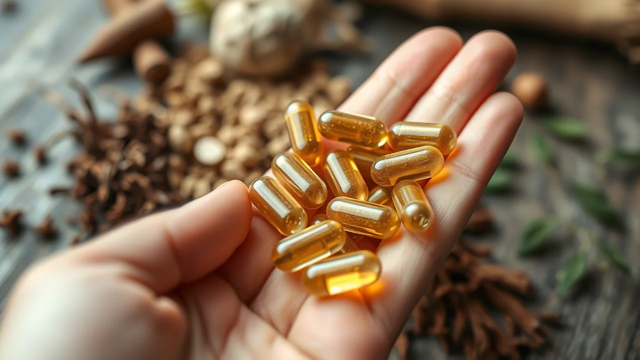 Primo piano di capsule di erbe MYPplus in una mano aperta, sfondo leggermente sfocato di erbe essiccate e piante medicinali, fotografia macro, obiettivo 100mm, illuminazione controllata e morbida, alta definizione dei dettagli delle capsule.