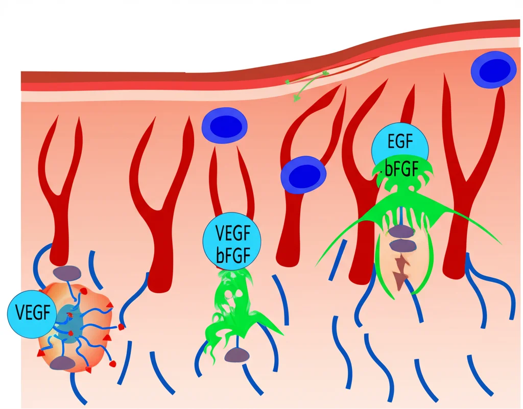 Illustrazione scientifica stilizzata che mostra i fattori di crescita (VEGF, EGF, bFGF) che agiscono su cellule cutanee e vasi sanguigni in una ferita, promuovendo la guarigione. Sfondo pulito, colori vivaci ma professionali.