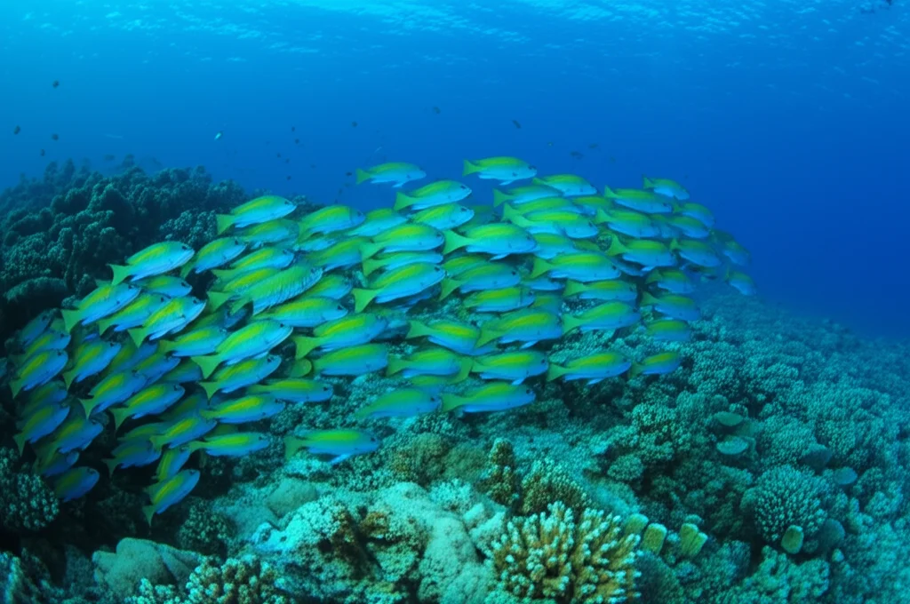 Fotografia subacquea, obiettivo grandangolare 24mm, che mostra un banco di pesci pappagallo dai colori vivaci (Scarus spp.) che brucano su una barriera corallina tropicale sana nell'Indo-Pacifico, luce solare diffusa dall'alto, messa a fuoco nitida sull'azione dei pesci, acqua cristallina.