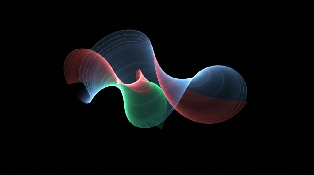 Tre onde luminose stilizzate (rossa, verde, blu) che si intrecciano elegantemente su uno sfondo nero profondo, rappresentando le soluzioni vettoriali del sistema di Schrödinger. Obiettivo 35mm, duotone blu e grigio, profondità di campo per enfatizzare l'intreccio.