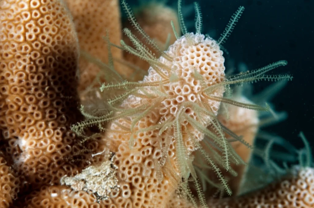 Fotografia macro, obiettivo 90mm, dettaglio di alghe filamentose che iniziano a soffocare un corallo sbiancato su una barriera degradata nell'Atlantico Occidentale, illuminazione controllata per evidenziare la texture, alta definizione, a simboleggiare l'impatto della perdita di erbivori.