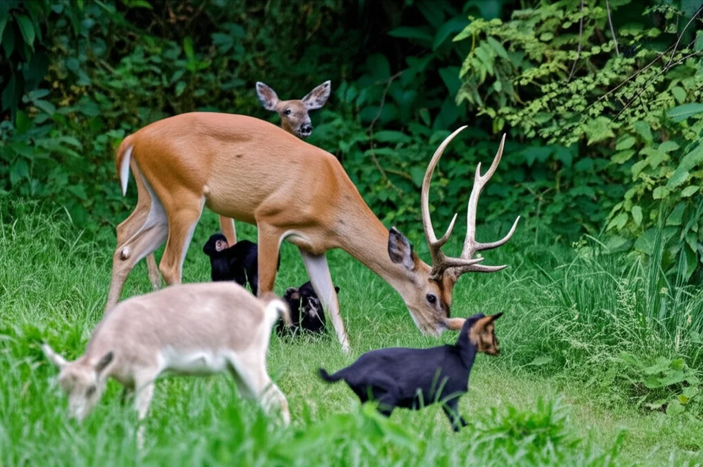 Fotografia naturalistica di un gruppo eterogeneo di mammiferi selvatici messicani (es. cervo, scimmia, capra) in un habitat naturale lussureggiante, teleobiettivo zoom 200mm, luce naturale diffusa, alta velocità otturatore per catturare dettagli nitidi.