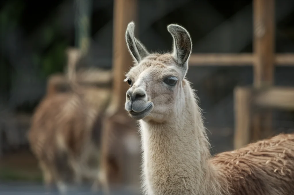 Ritratto fotografico di un lama dall'aspetto curioso in un ambiente controllato simile a uno zoo, obiettivo prime 85mm, profondità di campo ridotta per isolare il soggetto dal recinto sfocato, luce naturale morbida del mattino.