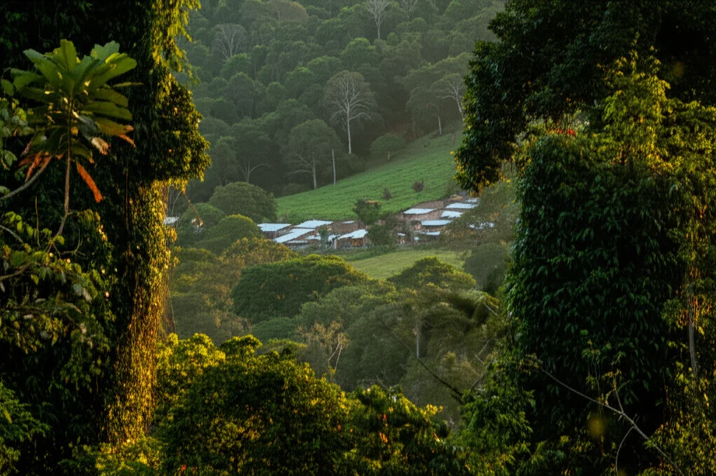Fotografia grandangolare 24mm che mostra una transizione visiva da una foresta pluviale messicana lussureggiante con fauna selvatica visibile in lontananza (es. cervi) a un piccolo villaggio rurale sullo sfondo, simboleggiando l'interfaccia uomo-animale-ambiente, luce dorata del tardo pomeriggio, messa a fuoco nitida su tutto il campo.