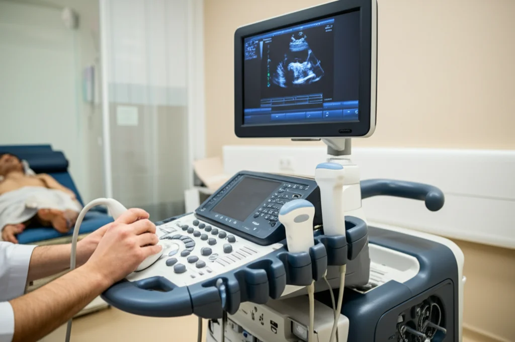 Primo piano di un ecocardiografo avanzato (Vivid E95) in una sala d'esame cardiologica, schermo che mostra immagini del cuore in 2D e Doppler, sonografo specializzato che muove la sonda sul torace di un paziente (fuori fuoco), illuminazione controllata da studio, obiettivo 35mm, profondità di campo media.