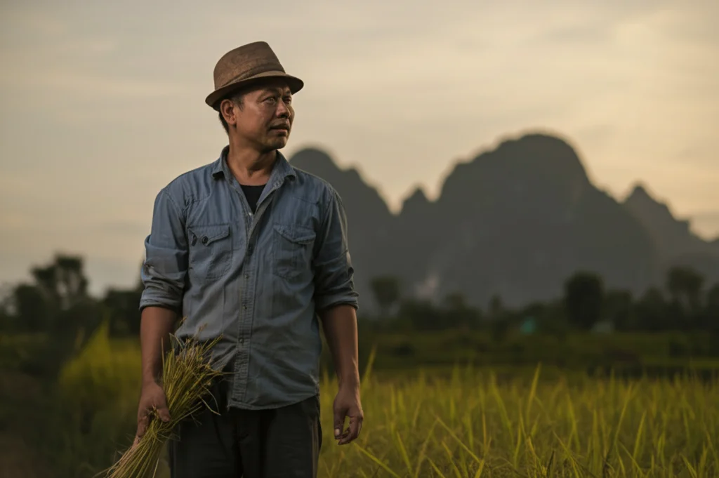 Fotografia di un lavoratore agricolo cinese pensieroso nel suo campo di riso al tramonto, stile ritratto, obiettivo 35mm, toni caldi e dorati del sole calante, profondità di campo che sfoca leggermente lo sfondo delle montagne lontane, espressione riflessiva.