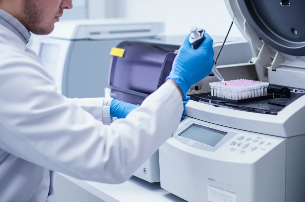 Fotografia di un tecnico di laboratorio che carica campioni di DNA in una macchina per PCR multiplex. L'ambiente è un laboratorio moderno e pulito. Focus sullo strumento PCR e sulle pipette. Obiettivo prime 35mm, profondità di campo ridotta per mettere a fuoco le mani e lo strumento, illuminazione da laboratorio brillante.