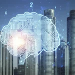 Immagine fotorealistica di un cervello digitale luminoso sovrapposto a un moderno skyline di un distretto finanziario, simboleggia l'integrazione dell'IA generativa nel settore bancario, obiettivo grandangolare 20mm, messa a fuoco nitida.