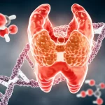 Immagine fotorealistica di una ghiandola tiroidea stilizzata con sovrapposte molecole di ROS (Reactive Oxygen Species) e una doppia elica di DNA, obiettivo macro 70mm, alta definizione, illuminazione drammatica che evidenzia lo stress ossidativo e il legame con la genetica del cancro.