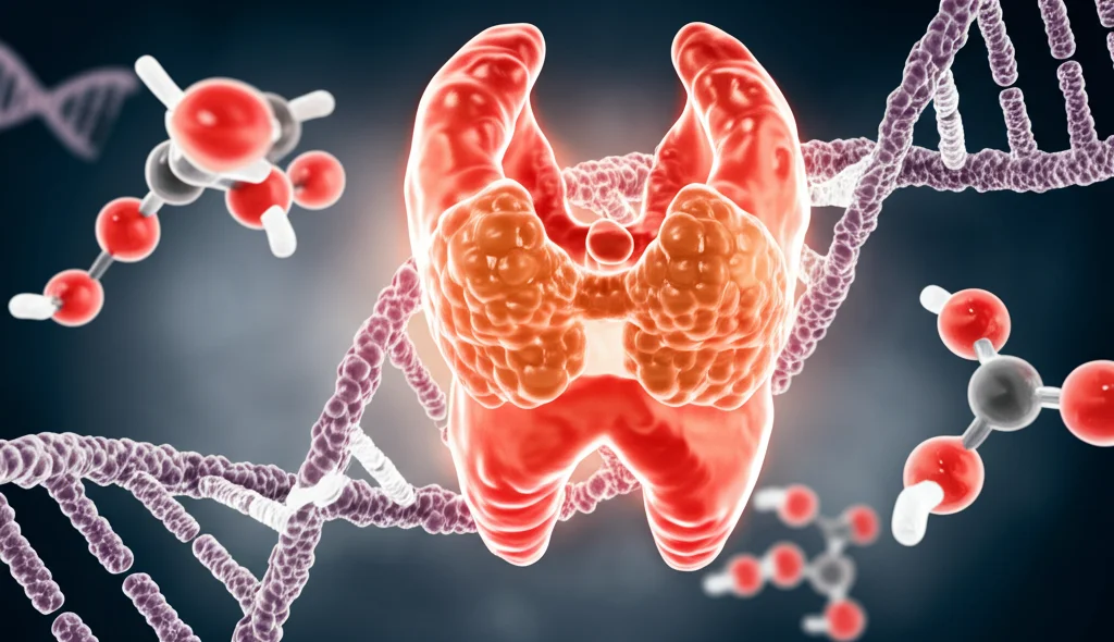 Immagine fotorealistica di una ghiandola tiroidea stilizzata con sovrapposte molecole di ROS (Reactive Oxygen Species) e una doppia elica di DNA, obiettivo macro 70mm, alta definizione, illuminazione drammatica che evidenzia lo stress ossidativo e il legame con la genetica del cancro.