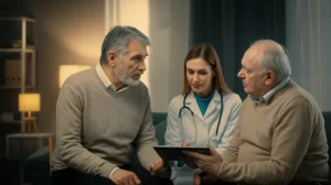Immagine fotorealistica: Un logopedista compassionevole interagisce con un paziente anziano affetto da Parkinson, uno dei quali forse utilizza un tablet per la teleterapia, trasmettendo speranza e progresso nella terapia vocale. Obiettivo prime, 35mm, profondità di campo, illuminazione calda e incoraggiante.