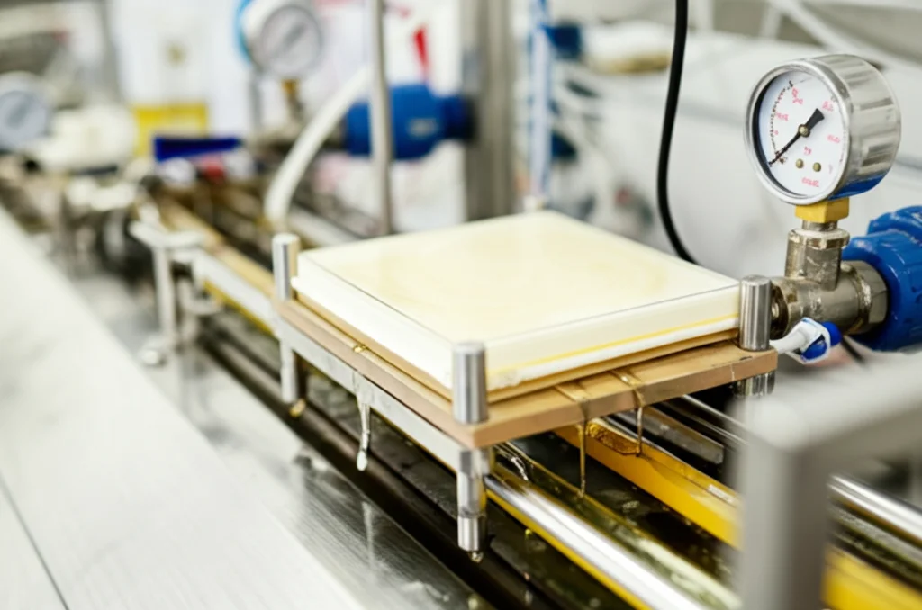 Primo piano di un sistema di microfiltrazione da laboratorio in funzione, tubi trasparenti con liquidi colorati (uno scuro tipo OMW, uno giallastro tipo CWE) che scorrono verso un modulo a membrana piatto visibile al centro, dettagli tecnici come manometri e valvole sullo sfondo sfocato, obiettivo prime 35mm, profondità di campo ridotta per focalizzare sulla membrana, illuminazione chiara da laboratorio.