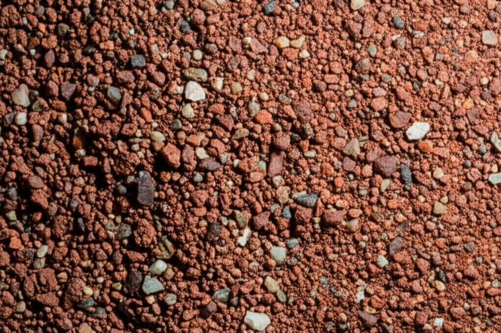 Fotografia macro di un campione di terreno granuloso e rossastro prelevato da una cava in Nigeria, illuminazione laterale controllata per evidenziare la texture e le diverse particelle minerali, obiettivo macro 100mm, alta definizione, messa a fuoco precisa sulle particelle più grandi.