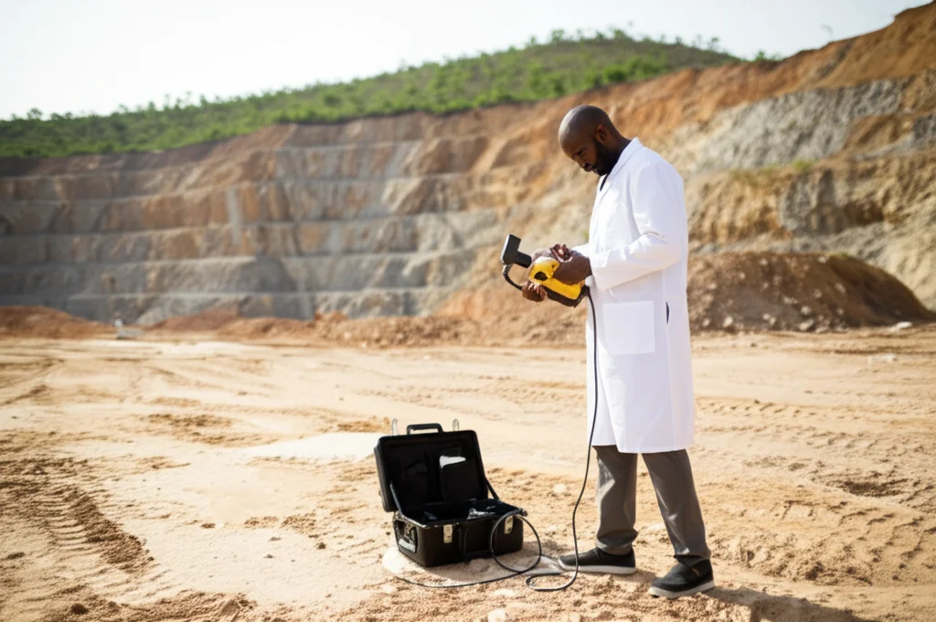 Fotografia realistica di uno scienziato in camice bianco che utilizza uno spettrometro gamma portatile sul terreno di una cava nigeriana, luce naturale del giorno, obiettivo 35mm, profondità di campo media che mostra sia lo strumento che l'ambiente circostante della cava.
